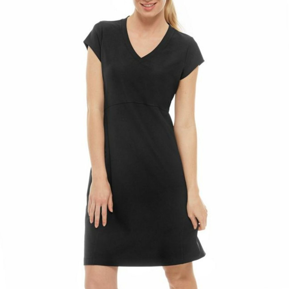 L.L. Bean Black V-Neck Short Sleeve Fitness Dress Zippered Pocket - S